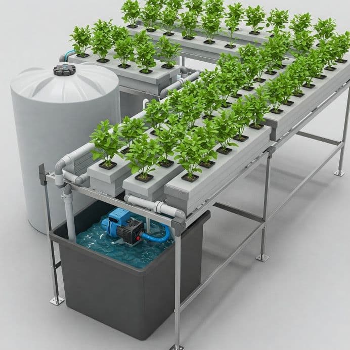 Diagram illustrating the Nutrient Film Technique (NFT) hydroponic system components: reservoir, pump, sloped channel, plant roots, and return pipe.