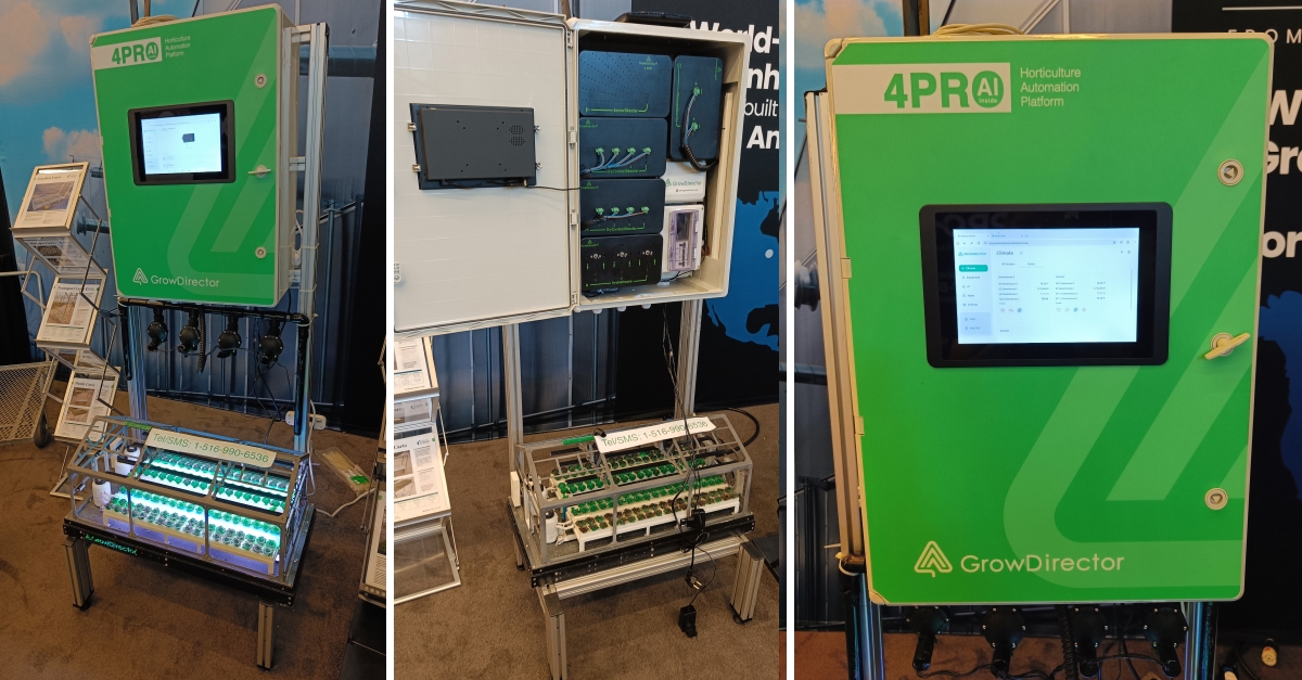 he GrowDirector dashboard on a tablet showing real-time climate data for a commercial greenhouse.