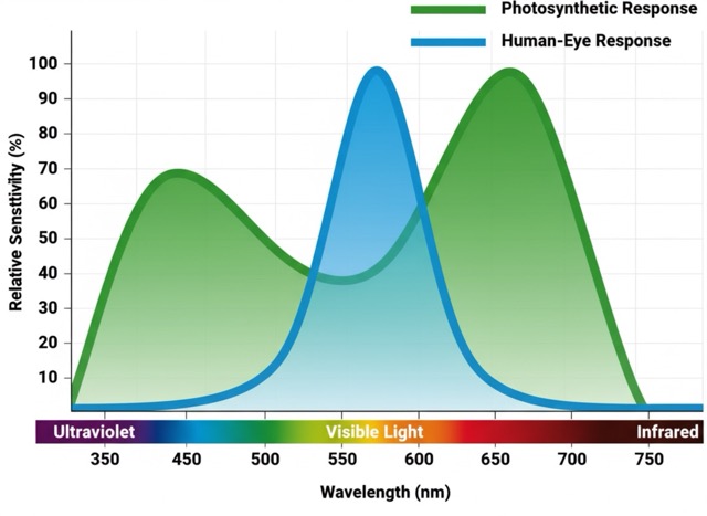 2D line chart depicting the relative sensitivity of plant photosynthetic response (green curve with peaks at ~450nm and ~650nm) compared to human eye photopic luminosity function (blue curve peaking at ~555nm) across ultraviolet, visible light, and infrared wavelengths (350nm-750nm). Highlights differences in spectral perception relevant for horticulture and grow lights.
