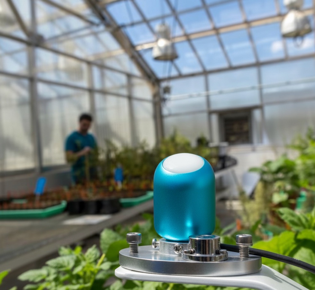 Lush, uniform rows of leafy greens thriving under a commercial LED lighting system that is precisely controlled by an integrated PAR sensor for maximum yield and quality.