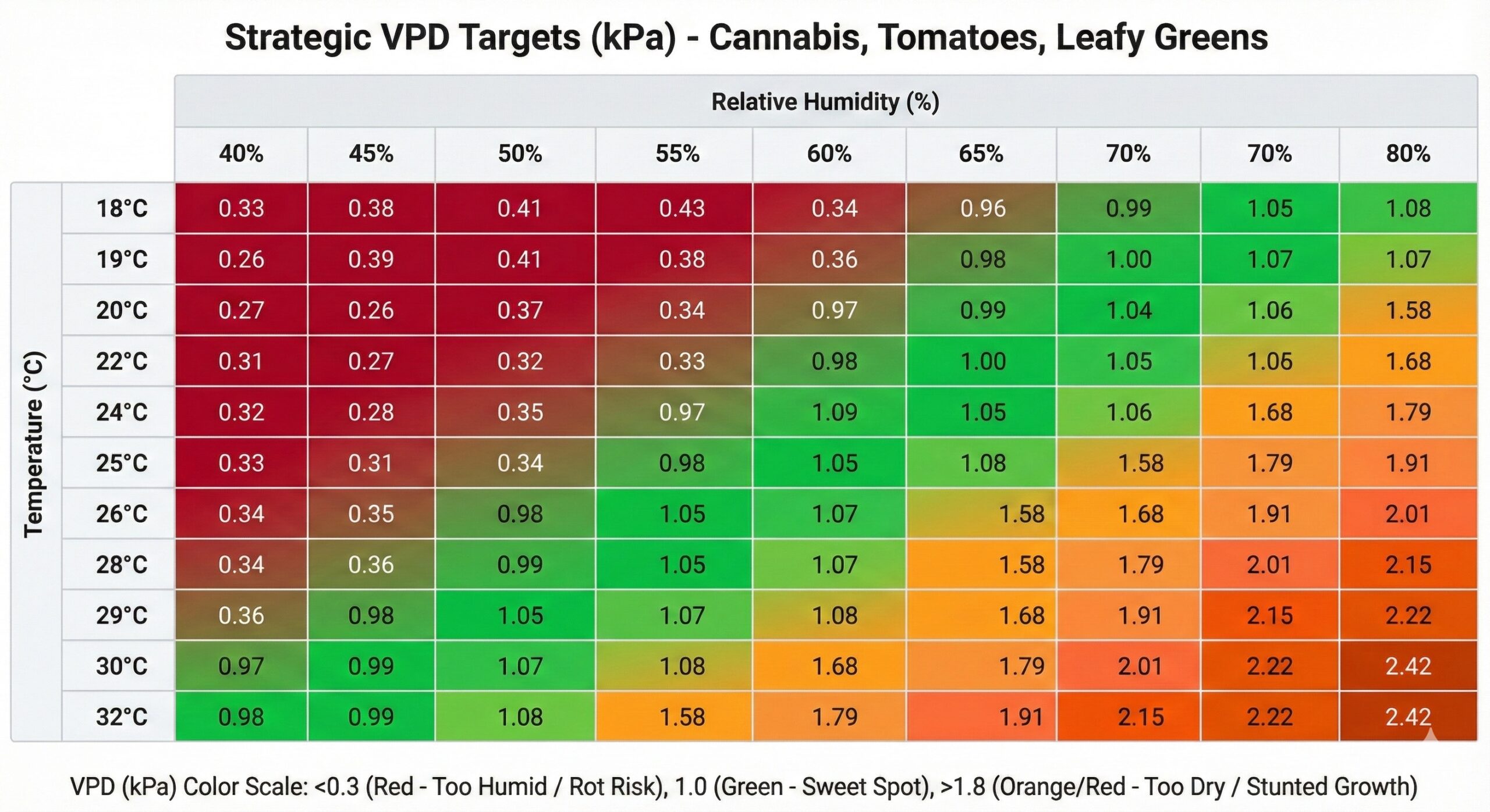 Data table from the VPD Blueprint article detailing strategic VPD targets in kPa for cannabis, tomatoes, and leafy greens during key vegetative and generative growth stages. 