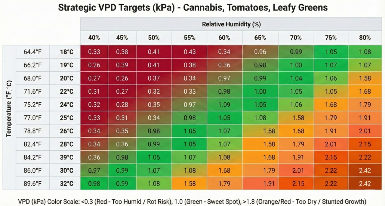 Data table from the VPD Blueprint article detailing strategic VPD targets in kPa for cannabis, tomatoes, and leafy greens during key vegetative and generative growth stages.